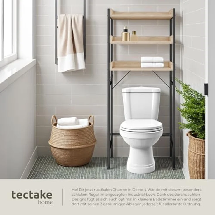 tectake Badezimmerregal mit 3 Ablagen, Badregal, Waschmaschinenregal, Industrial Design, Überbauschrank, Regal für Waschmaschine, Toilettenregal, 67 x 25 x 165 cm - Industrial Holz hell, Eiche Sonoma – Bild 8
