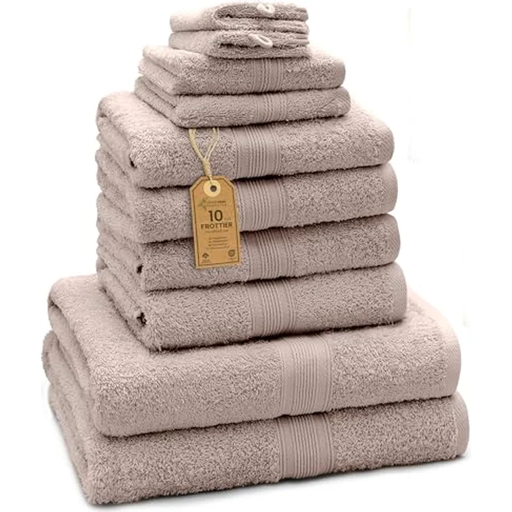 Green Mark Handtuch-Set mit 10 Teilen – 100% Baumwolle – 4 Handtücher 50×100 cm, 2 große Duschtücher 70×140 cm, 2 Gästetücher 30×50 cm und 2 Waschhandschuhe – Sand/Beige – Bild 2