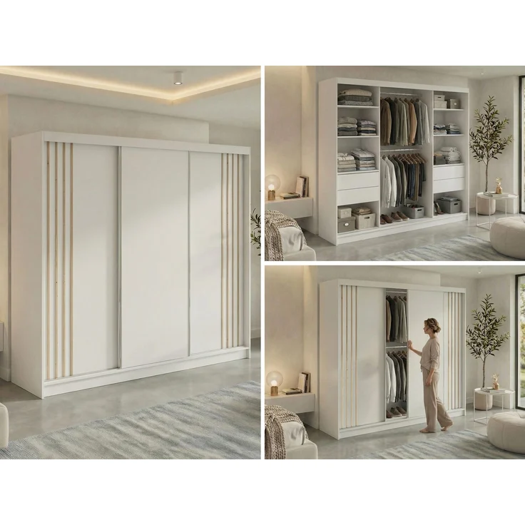Schwebetürenschrank NAURU mit Lamellen-Optik, moderner Kleiderschrank, Breite 240 cm, inkl. Innenausstattung & Stauraum, Akustikpaneel-Design - Weiß und Aristan-Eiche - mit Schubladen – Bild 2