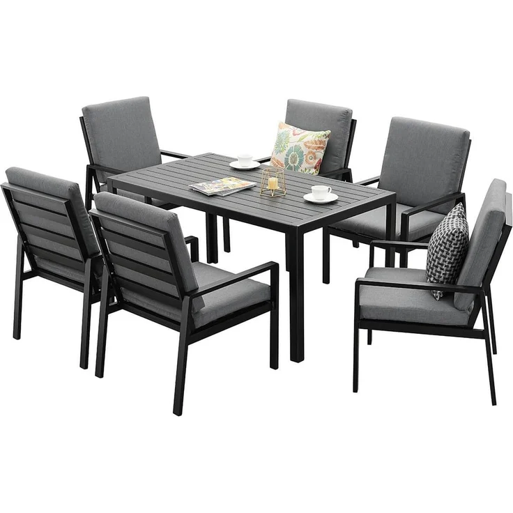 MeXo Gartenlounge-Set Lounge Gartenmöbelset Aluminium Wetterfest, (Garten Essgruppe für 6 Personen, 7-tlg, 6 Sessel, Esstisch 140x80x70 cm), 85 cm Rückenlehne, hoher Sitzkomfort – Bild 1