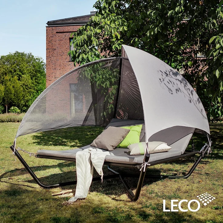 Leco Sonnenbett "Sydney", Garten-Doppelliege mit verstellbarer Rückenlehne und Sonnedach, Anthrazit/ Hellgrau, 254 x 190 x 195 cm – Bild 2