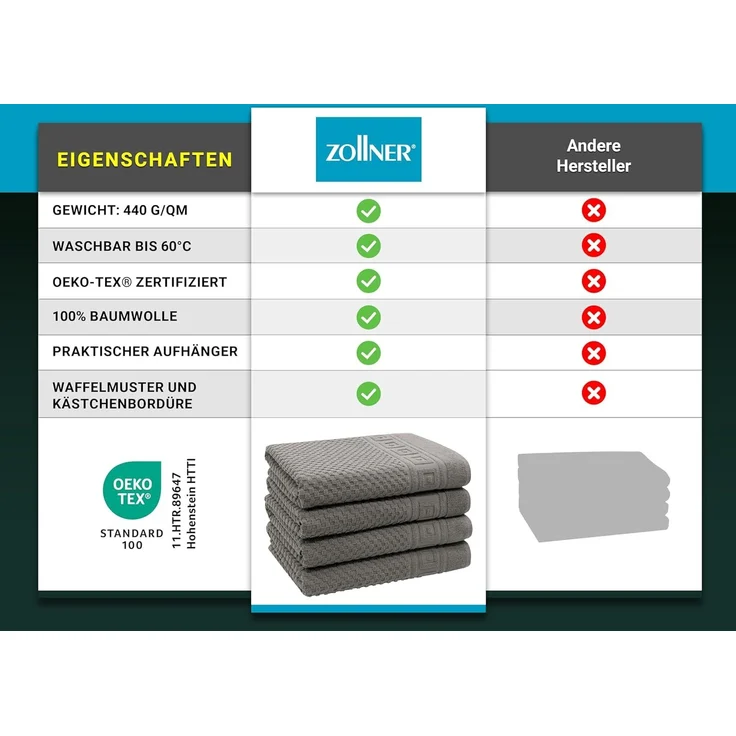 ZOLLNER Duschtücher 4er Set, 70x140 cm, grau, Baumwolle – Bild 6