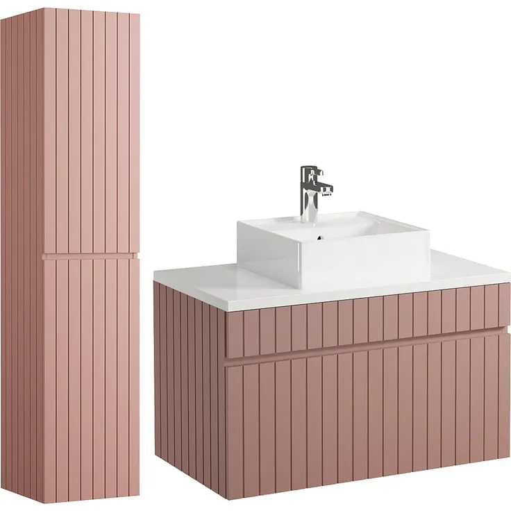 Vente-unique - Waschbeckenunterschrank hängend mit Ablagen & Aufsatzwaschbecken - Streifenoptik - Rosa - 80 cm - SATARA