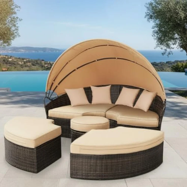 Melko Gartenlounge-Set Polyrattan Sonneninsel Tisch & Kissen 180CM Strandkorb Set, (Stück), Wasserabweisend – Bild 3