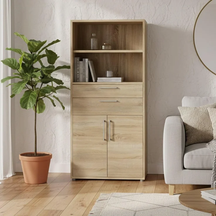 Dmora - Kommode Ludivine, Wohnzimmerbuffet, Wohnzimmer-Sideboard, Moderne Küchen-Speisekammer, 89x40 h186 cm, Eiche – Bild 1
