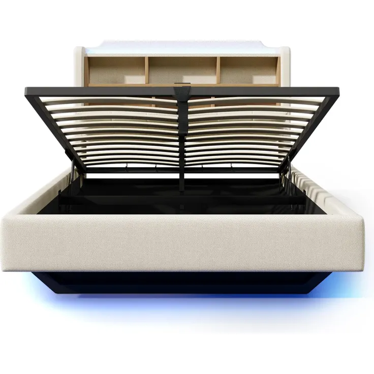 Polsterbett mit LED-Streifen und Stauraum, 140x200 cm, Kopfteil, USB/Type-C Anschlüsse, Doppelbett, Stauraumbett, Leinen – Bild 9