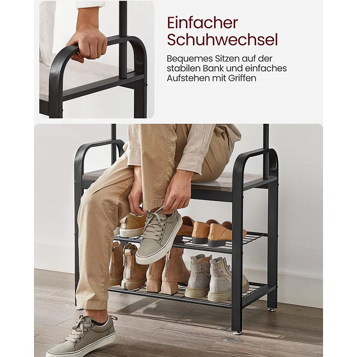 Vasagle Garderobenständer, Garderobe, Schuhregal mit Sitzfläche, Kleiderständer mit 9 abnehmbaren Haken, Sitzbank, 2 Gitterablagen, 183 cm hoch, Indus [HSR40 MB] – Bild 5