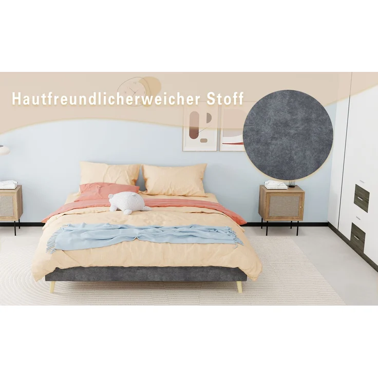 Novelux Bettgestell 160x200 Samt Grau – Modernes Plattformbett ohne Kopfteil, Holzrahmen, Minimalistisches Design – Bild 7
