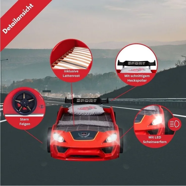 Coemo Autobett DREAM RACER (Spielbett mit Spoiler), Rot Kinderbett 90x200 Rennwagen inkl. Lattenrost LED-Licht Spielbett