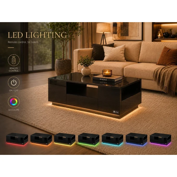 Makika LED Couchtisch mit Ablagefach und Schubladen, Holz schwarz, Hochglanz, 95 x 57 x 45 cm – Bild 5
