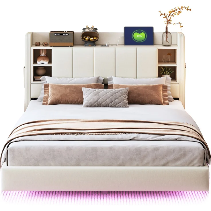EINHOM Polsterbett 140 x 200 cm, mit USB-Steckdose und Lichtleiste, Wendbares Kopfteil mit Ablagefächern und Einlegeböden mit Kleinen Ablagefächern, Stabiler Metallrahmen, Leinenstoff, Doppelbett Beige, (Ohne Matratze) – Bild 7