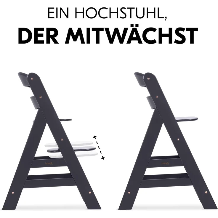 Hauck Kinder Hochstuhl Alpha+ - Mitwachsender Holz Babystuhl (FSC zertifiziert), Kinderhochstuhl ab 6 Monate, verstellbar, mit Schutzbügel, Schrittgurt in Lederoptik und 5-Punkt-Gurt - Dunkelgrau – Bild 8