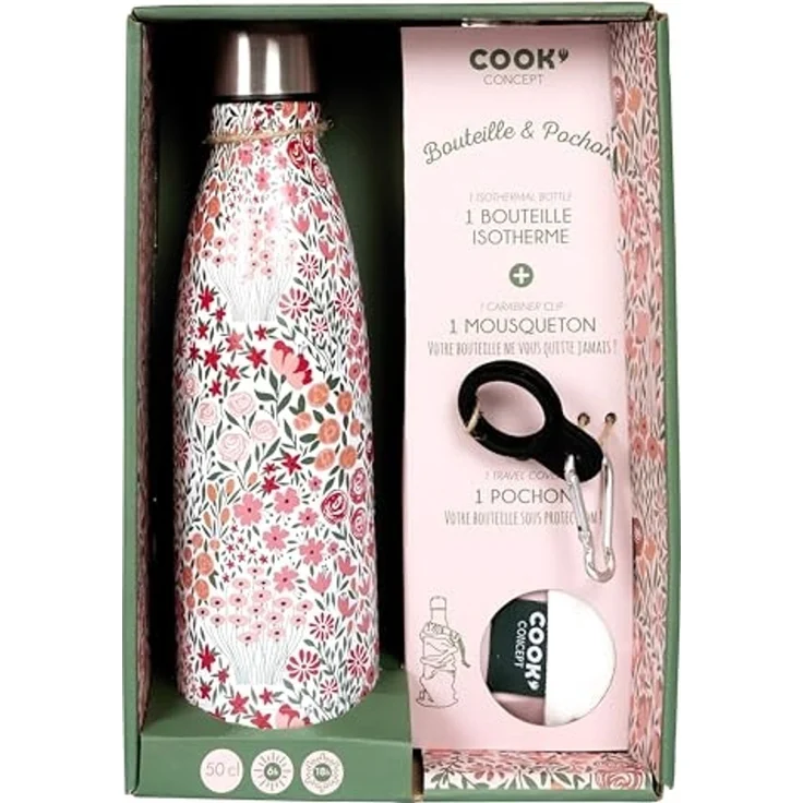 COOK CONCEPT - Ka4650 - Isolierflasche im Blumendesign - mit abnehmbarem Karabiner - Edelstahl - Warm/Kalt - Maße: 6,5 x 6,5 x 25,2 cm - Takeaway-Küche – Bild 6