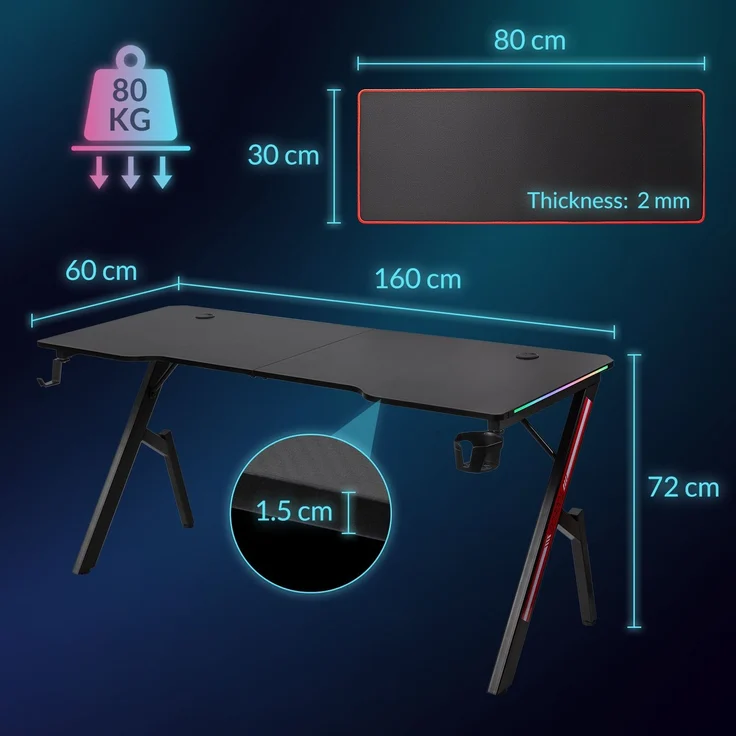 Todeco 160 x 60cm Gaming Tisch mit LED, Gaming Schreibtisch, PC Tisch Gaming mit Kohlefaseroberfläche, mit Kopfhörerhaken Getränkehalter, Ergonomischer PC Gaming Tisch – Bild 3