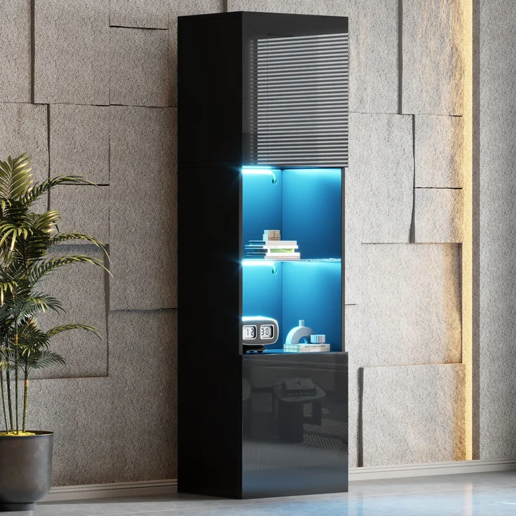 ZUBALIYA Vitrine (45 x 35 x 160 cm), LED - Beleuchtung, Hochglanzoptik, Aufbewahrung für Sammlerstücke, Geschirr und Dekoration, Schwarz – Bild 6
