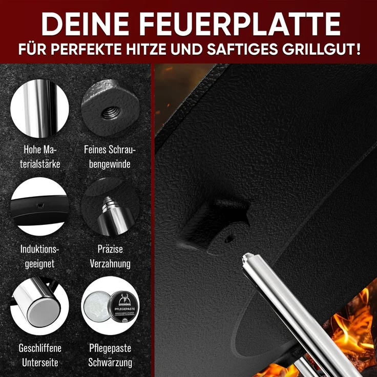 GUSSKÖNIG Gusseisen Grillplatte Ø42cm mit 3 Edelstahl Beinen Pflegepaste – Bild 3