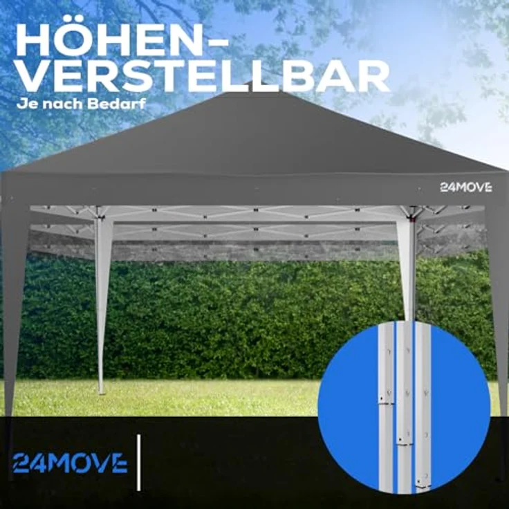 24Move Pavillon Faltpavillon SANTOS, 3x3M grau, klappbar, höhenverstellbar, wasserdicht, UV-Schutz, inkl. Tasche und 8 Heringen – Bild 4
