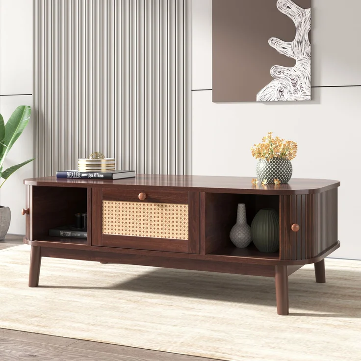 Merax Couchtisch - Rattan-Kaffeetisch, Schubladen mit Rattan und Schiebetüren mit Massivholzlatten, Massivholzbeine, braun – Bild 5