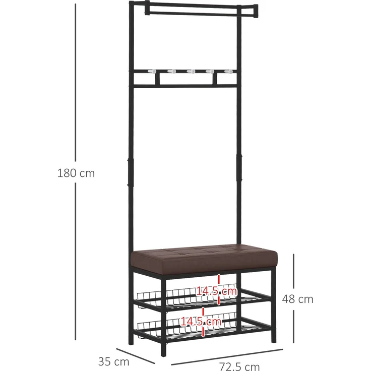 Faumrta Garderobenständer mit Bank Kleiderständer Schuhregal Metall 2 Schuhablagen Sitzfläche 72,5x35x180cm für Flur & Eingangsbereich725CM*35CM*180CMSchwarzMetall – Bild 3