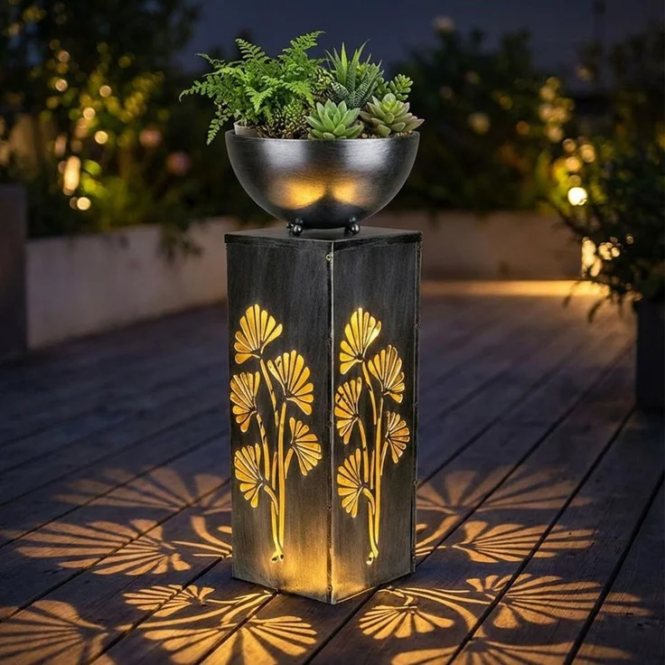 Haushalt International LED Solarleuchte, LED-Leuchtmittel fest verbaut, Warmweiß, Solarleuchte Pflanzschale Außenlampe LED Blumentopf Lichteffekt silber – Bild 3