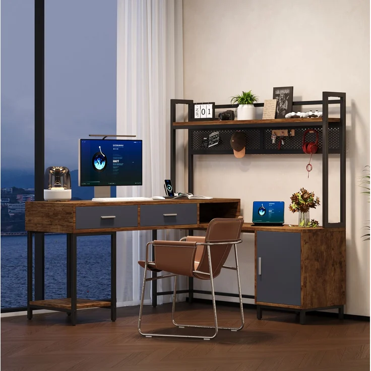 L-förmiger Schreibtisch mit Stauraum & Gitterrückwand, 140x140x135 cm, Schwarz/Naturholz – Bild 3