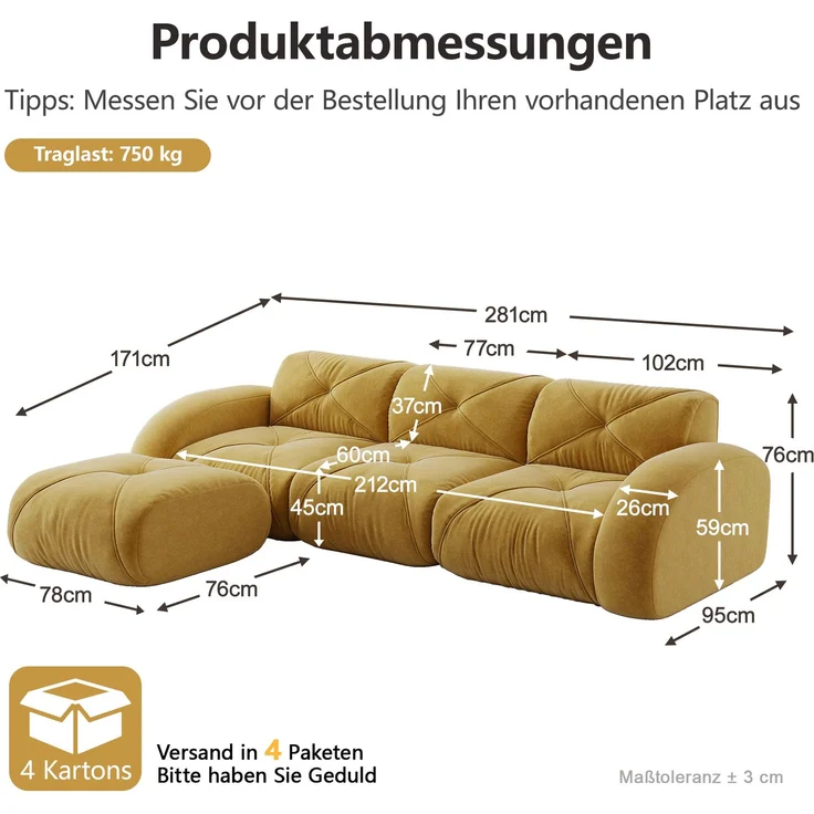EINHOM L-förmiger Sessel, modulares Sofa, Dreisitzer-Kombinationssofa geeignet für das Wohnzimmer, rutschfeste Unterseite, keine Montage erforderlich, modulares Sofa mit Fußstütze, Gelb – Bild 2