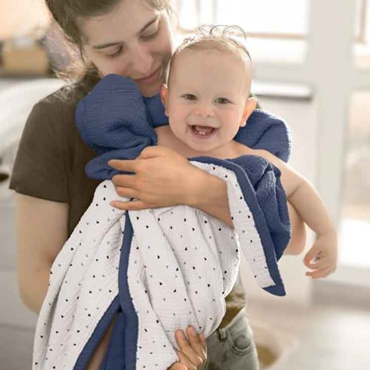 lulumoon Musselin-Babydecke – Baumwoll-Steppdecken für Kleinkinder – wendbare Kinderbettdecke für Babys, Jungen und Mädchen, 120x120 cm (Blau) – Bild 3