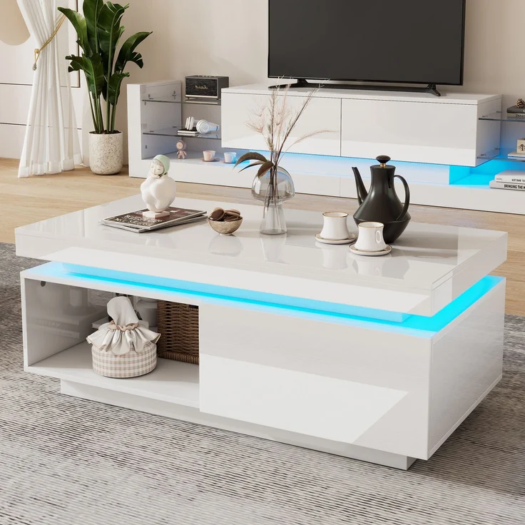 Merax TV-Wandschrank-Set, Weißes TV-Schrank + Weißes Couchtisch, Weißes Hochglanz-Wandschrank, Wohnzimmerset, Hochglanz-Set mit LED-Leuchten – Bild 2