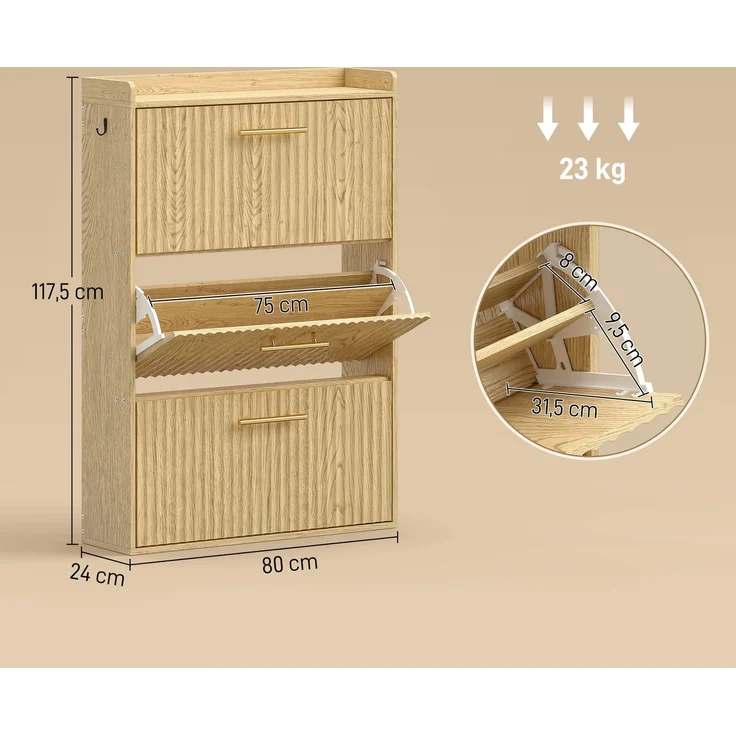HOMCOM Schuhschrank, MDF, Hellbraun, 80 x 24 x 117,5 cm – Bild 3