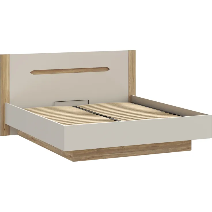 Stauraumbett >EDWAL< Lift-Lattenrost, sandfarbig / Eiche Dekor - 196,2x105,7x206,6cm BxHxT