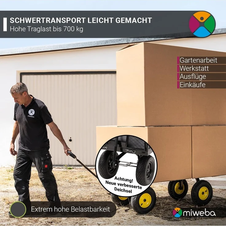 Miweba Bollerwagen MB-700 faltbarer Transportwagen Handwagen Gartenwagen 700 kg (Schwarz) – Bild 2