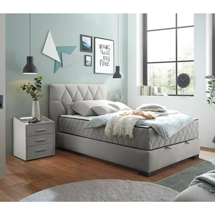 Stella Trading NAGOL B Boxbett 120x200, Silber - Bequemes Bett mit Bettkasten und Premium 9-Zonen-Federkern Wendematratze - 145 x 114 x 214 cm (B/H/T) – Bild 3