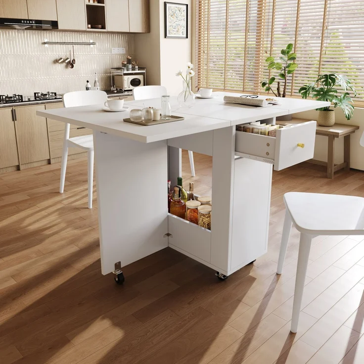 Esstisch 120x75x75 cm klappbar mit Stauraum, 2 Schubladen und Rollen – Bild 2