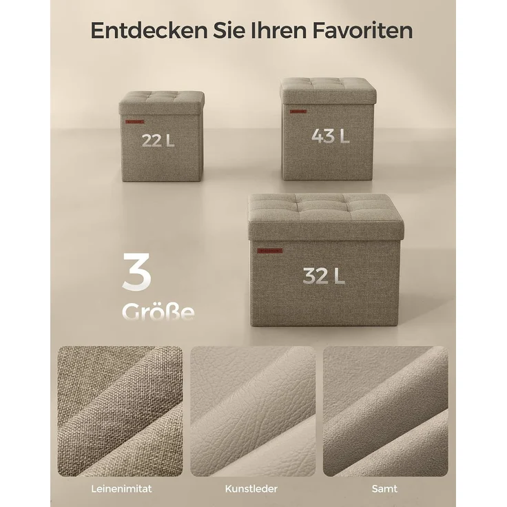Songmics Sitzhocker mit Stauraum, faltbarer Hocker, Leinenimitat / MDF kamelbraun, 30 x 30 x 30 cm – Bild 6