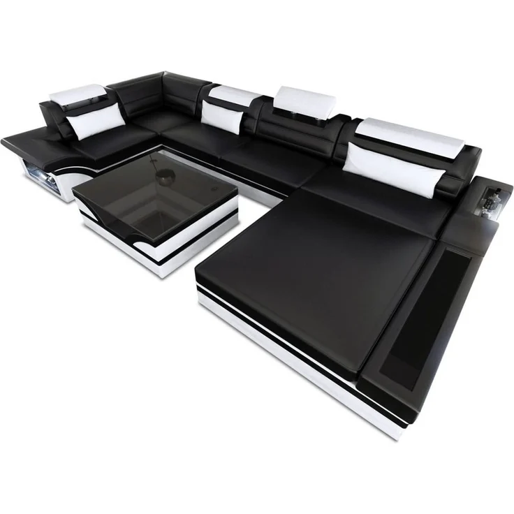 Sofa Dreams - Luxus Wohnlandschaft Mezzo mit LED - Ledermix - schwarz-weiß - Links – Bild 8