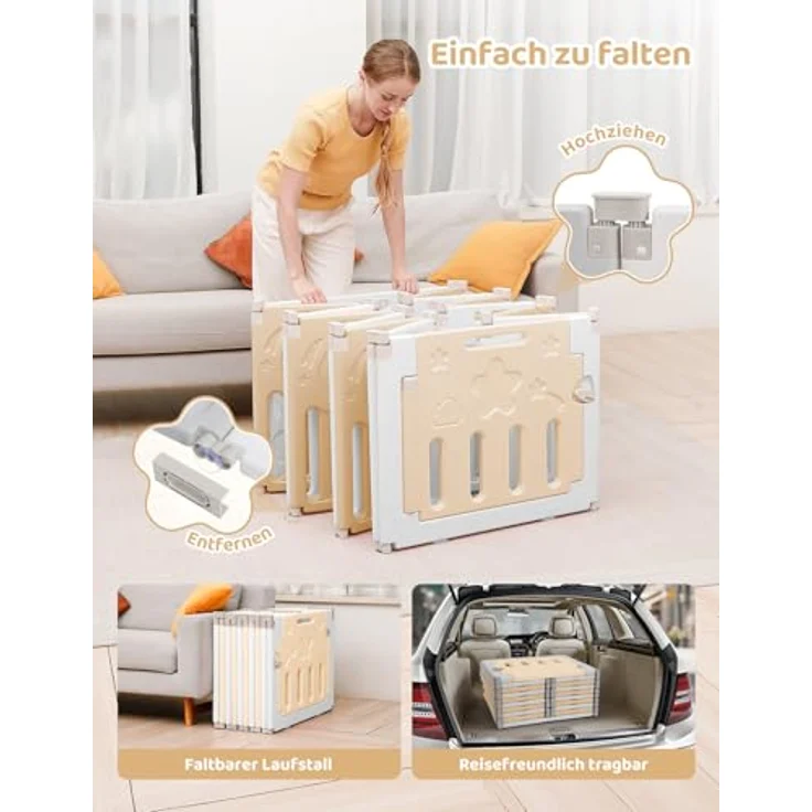 Dripex Faltbarer Laufstall Baby 150×150cm, Laufgitter Baby, Baby Playpen, Baby Laufstall mit Spielzeugboard, Laufstall in Anpassungsfähiger Form, Laufgitter aus Kunststoff, Gelb – Bild 4