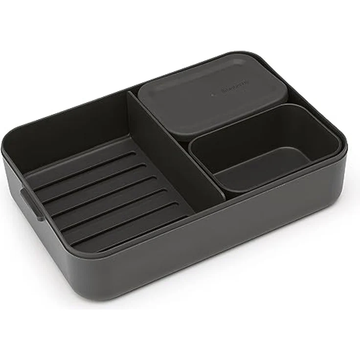 Brabantia - Make & Take Brotdose Bento - Groß - Herausnehmbare Fächer - Deckel mit Klickverschluss - Gefriergeeignet - Spülmaschinen- & Mikrowellenfest - Dark Grey - 25,5 x 16,7 x 6,2 cm – Bild 3