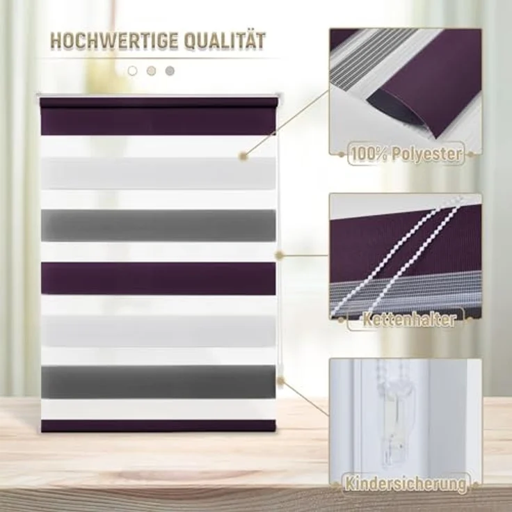Deswell Doppelrollo Klemmfix ohne Bohren Weiß-Grau-Lila B90 x H120 cm (Stoffbreite 86cm) Rollos für Fenster ohne Bohren für Fenster mit Lichtdurchlässig & Verdunkelnd/Höhe Stufenlos Verstellbar – Bild 3