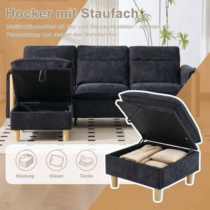 EINHOM Dreisitzige Sofagarnitur im nordischen Stil mit Aufbewahrungshocker, L-förmiges Stoffsofa mit Seitentaschen und Tischbeinen aus Holz, ideal für Wohnzimmer und kleine Räume(Schwarzer Chenille) – Bild 7