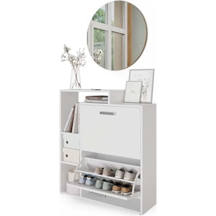 Vicco Schuhkipper 'Orlando', Weiß, Holzwerkstoff, 6 Fächer, 2 Schubladen, Rechteckig, 80x90x25 cm, Schuhaufbewahrung mit Spiegel – Bild 7