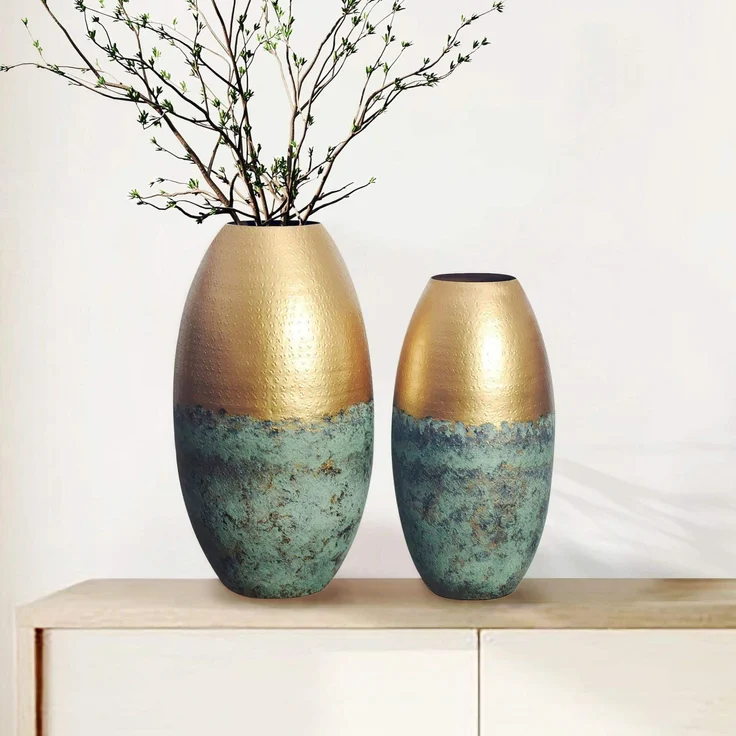 Deko Vase 2er Set Aluminium Gold Patina Modern Rund Handgefertigt – Bild 2