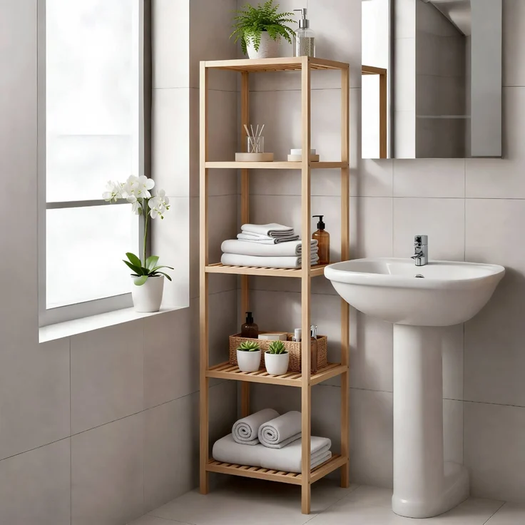 Badregal NEUSS L - 36 x 36 x 145 cm, Holz, Natura | Badezimmer-Aufbewahrungsregal Bambusregal Organziger Bad – Bild 3