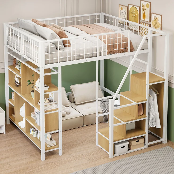 Multifunktionales Hochbett 140x200 cm aus Metall mit Stauraum und Treppe – weiß – Bild 3