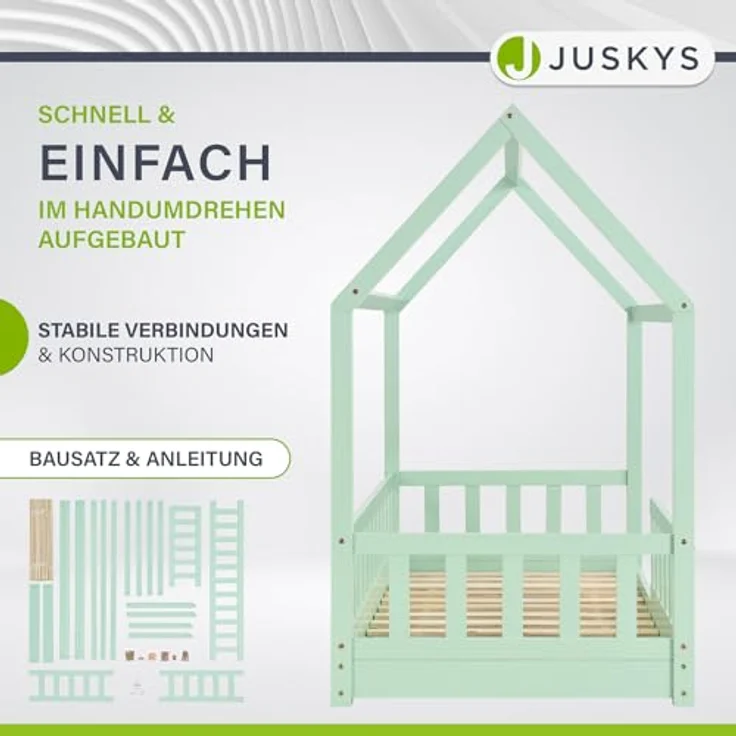 Juskys 'Marli' Hausbett 80x160 cm, mint, Kiefer massiv, mit Rausfallschutz und Lattenrost – Bild 5