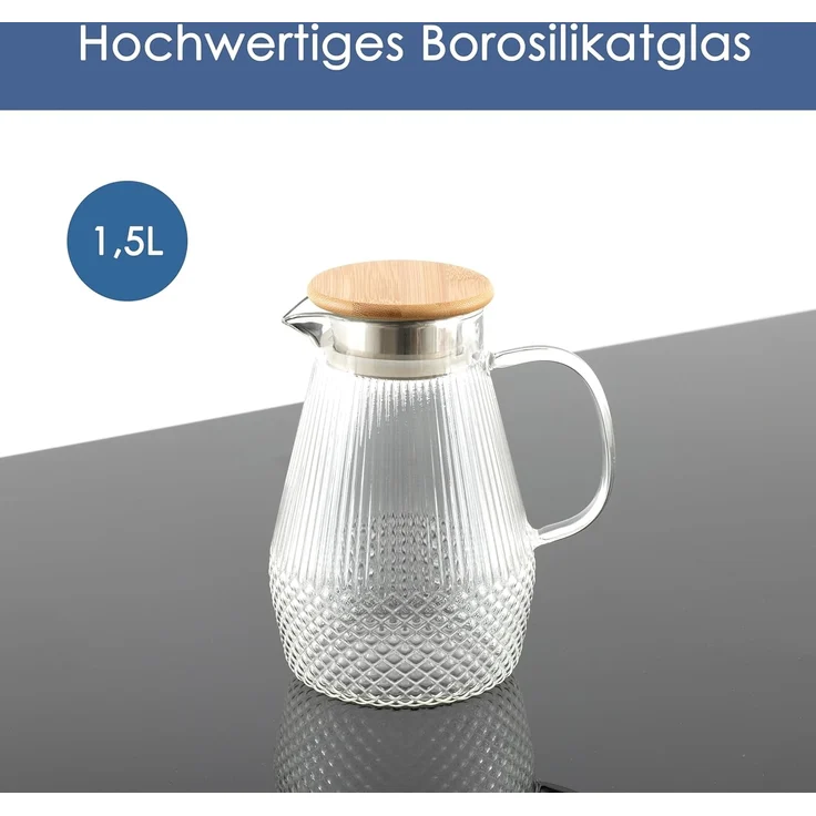 Hanseküche Wasserkaraffe Glaskaraffe, (Glas-Wasserkaraffe mit Deckel, 1-tlg, Tropffreie Ausgießer - Robuste Teekanne), mit 50% erhöhter Glasdicke für Heiß- & Kaltgetränke – Bild 3