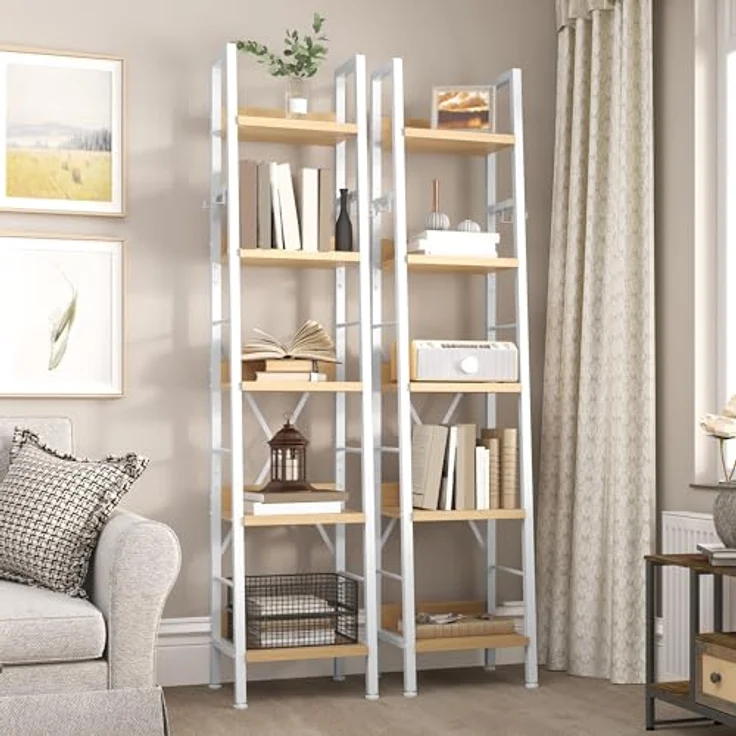 YITAHOME Schmal Bücherregal mit 5 Ebenen 35 cm Breit, Industrielles Leiterregal Standregal Holzregale und Metallrahmen, Modernes Regal für Wohnzimmer, Weiß und Eiche – Bild 5