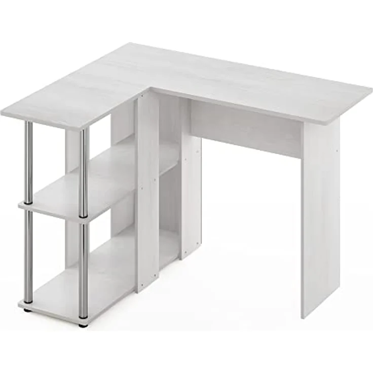 Furinno Abbott L-förmiger Schreibtisch mit Bücherregal, Weiße Eiche, Edelstahlrohre – Bild 5