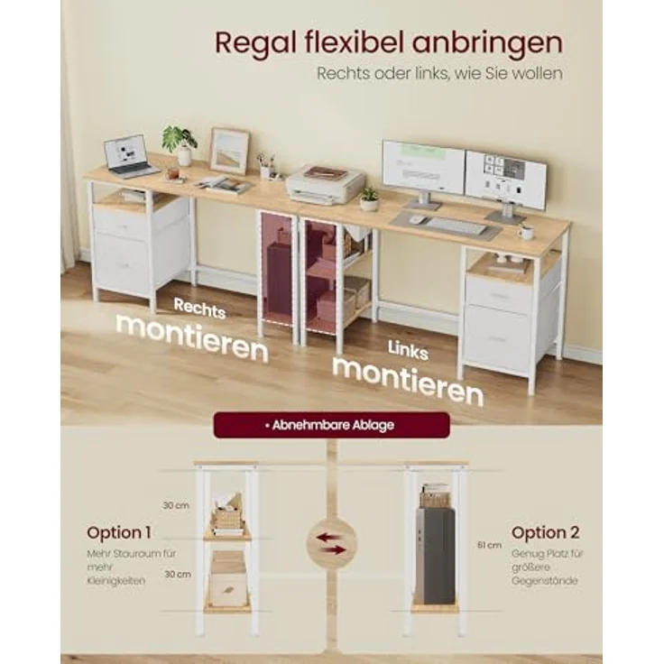 VASAGLE Computertisch, Bürotisch, Schreibtisch, mit 3 Ablagen, 2 Schubladen, 127 x 50 x 76 cm, fürs Büro, Wohnzimmer, moderner Stil, natureichenfarben-mattweiß LWD103YD01 – Bild 5