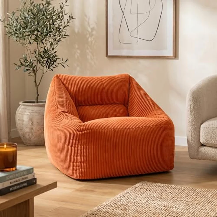 Icon Natalia Sitzsack Sessel für Erwachsene, Orange, Flauschiger Cord Stoff, Riesen Sitzsack Cord mit Füllung, Bean Bag Chair, Bequemer Sessel Wohnzimmer, Lounge, Schlafzimmer, Büro – Bild 5