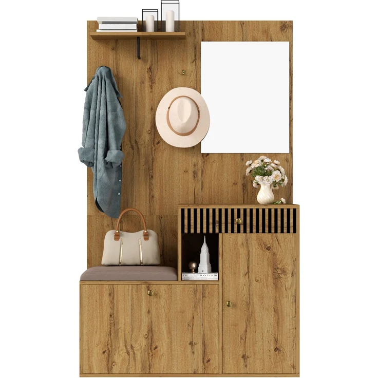Garderobenset, Kompaktgarderobe, Flurgarderobe mit Spiegel und Polsterkissen, Flurschrank, Wohnwand, Regal, Flur- und Dielengarderobenpaneele, Schuhschrank, (B x H x T): 110 x 185,5 x 37 cm – Bild 1